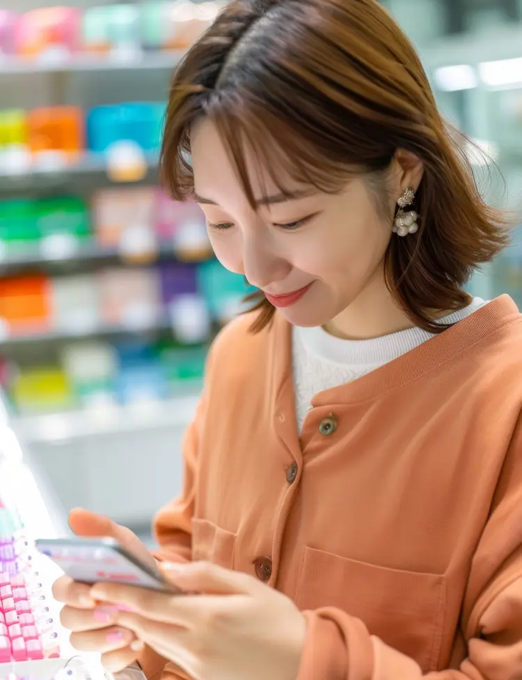 Asian girl finds lowest price on prescription drugs through her discount coupon app.